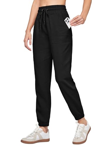 WILLIT Jogginghose Damen Baumwolle Leinen Hosen Jogger Sporthose Lässig Sweatpants Leichte Hosen Trainingshose Lounge Reisen Sommer Hosen mit Taschen Schwarz S von WILLIT
