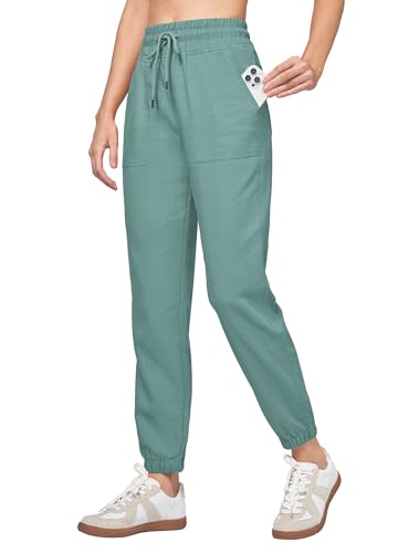 WILLIT Jogginghose Damen Baumwolle Leinen Hosen Jogger Sporthose Lässig Sweatpants Leichte Hosen Trainingshose Lounge Reisen Sommer Hosen mit Taschen Seegrün XS von WILLIT