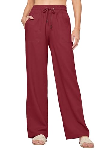 WILLIT Hose Damen Leinenhose Baumwolle Sommerhose Leinen Stoffhose Einfarbig Jogginghose Weites Bein Palazzo Hose Freizeithose Casual Strandhose mit Taschen 29" Rosarot XXL von WILLIT