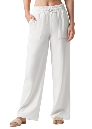 WILLIT Hose Damen Leinenhose Baumwolle Sommerhose Leinen Stoffhose Einfarbig Jogginghose Weites Bein Palazzo Hose Freizeithose Casual Strandhose mit Taschen 29" Weiß XXL von WILLIT