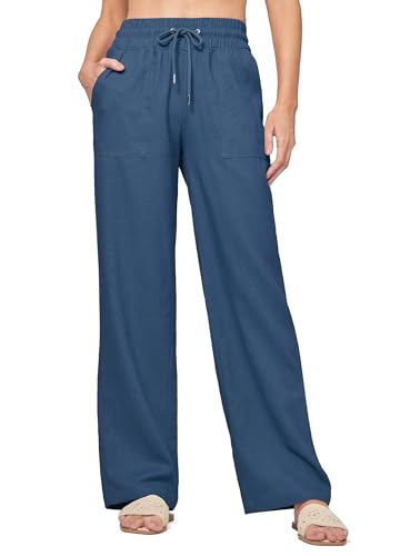 WILLIT Hose Damen Leinenhose Baumwolle Sommerhose Leinen Stoffhose Einfarbig Jogginghose Weites Bein Palazzo Hose Freizeithose Casual Strandhose mit Taschen 33" Jeansblau XXL von WILLIT