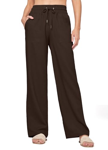 WILLIT Hose Damen Leinenhose Baumwolle Sommerhose Leinen Stoffhose Einfarbig Jogginghose Weites Bein Palazzo Hose Freizeithose Casual Strandhose mit Taschen 31" Dunkelbraun XL von WILLIT