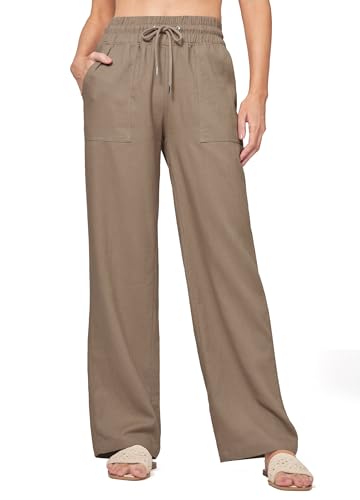 WILLIT Hose Damen Leinenhose Baumwolle Sommerhose Leinen Stoffhose Einfarbig Jogginghose Weites Bein Palazzo Hose Freizeithose Casual Strandhose mit Taschen 31" Dunkelkhaki XS von WILLIT