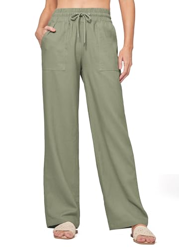 WILLIT Hose Damen Leinenhose Baumwolle Sommerhose Leinen Stoffhose Einfarbig Jogginghose Weites Bein Palazzo Hose Freizeithose Casual Strandhose mit Taschen 31" Graugrün M von WILLIT