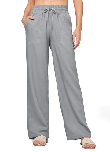 WILLIT Hose Damen Leinenhose Baumwolle Sommerhose Leinen Stoffhose Einfarbig Jogginghose Weites Bein Palazzo Hose Freizeithose Casual Strandhose mit Taschen 31" Hellgrau 3XL von WILLIT