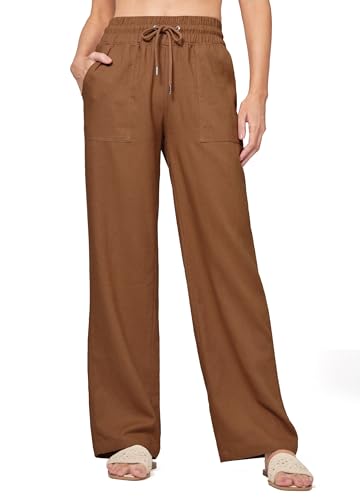 WILLIT Hose Damen Leinenhose Baumwolle Sommerhose Leinen Stoffhose Einfarbig Jogginghose Weites Bein Palazzo Hose Freizeithose Casual Strandhose mit Taschen 31" Karamell XL von WILLIT