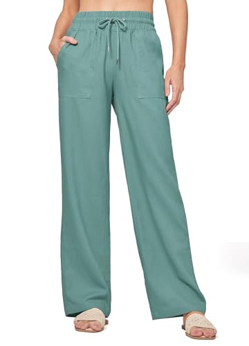 WILLIT Hose Damen Leinenhose Baumwolle Sommerhose Leinen Stoffhose Einfarbig Jogginghose Weites Bein Palazzo Hose Freizeithose Casual Strandhose mit Taschen 31" Seegrün M von WILLIT