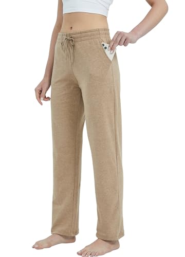 WILLIT Jogginghose Damen Baumwolle Trainingshose Lang Freizeithose Sporthose Yogahose gerades Bein Sport Lounge Sweatpants Kordelzug mit Taschen Haferflocken M von WILLIT