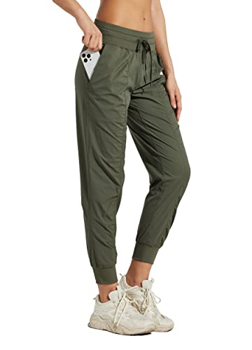 WILLIT Laufhose Damen Studio Sporthose Jogginghose Leicht Tanzhose Wanderhose Freizeithose Gestreift Workout Lounge Reise Kordelzug Hose mit Taschen Armeegrün L von WILLIT