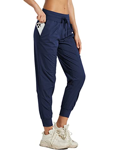 WILLIT Laufhose Damen Studio Sporthose Jogginghose Leicht Tanzhose Wanderhose Freizeithose Gestreift Workout Lounge Reise Kordelzug Hose mit Taschen Navy XL von WILLIT