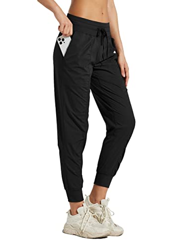 WILLIT Laufhose Damen Studio Sporthose Jogginghose Leicht Tanzhose Wanderhose Freizeithose Gestreift Workout Lounge Reise Kordelzug Hose mit Taschen Schwarz XXL von WILLIT