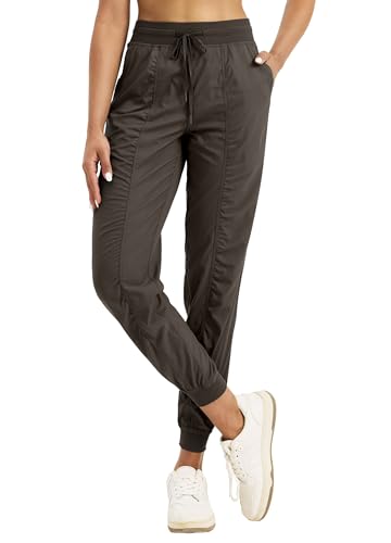 WILLIT Laufhose Damen Studio Sporthose Jogginghose Leicht Tanzhose Wanderhose Freizeithose Gestreift Workout Lounge Reise Kordelzug Hose mit Taschen Dunkelbraun XS von WILLIT