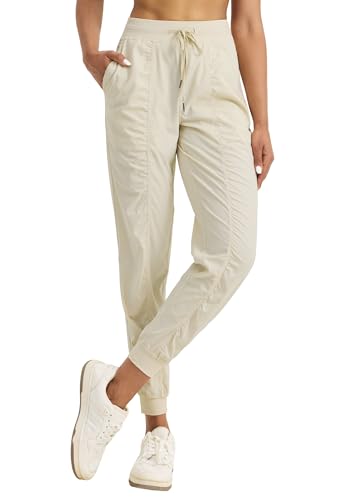 WILLIT Laufhose Damen Studio Sporthose Jogginghose Leicht Tanzhose Wanderhose Freizeithose Gestreift Workout Lounge Reise Kordelzug Hose mit Taschen Hell Khaki M von WILLIT