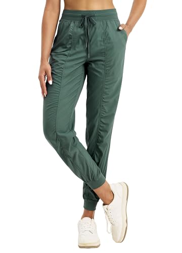 WILLIT Laufhose Damen Studio Sporthose Jogginghose Leicht Tanzhose Wanderhose Freizeithose Gestreift Workout Lounge Reise Kordelzug Hose mit Taschen Waldgrün L von WILLIT