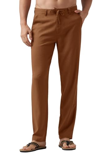 WILLIT Leinenhose Herren Lang Baumwolle Stoffhose Leicht Sommerhose Männer Freizeithose Jogginghose mit Taschen Kordelzug für Urlaub Yoga Strand Alltag Karamell 42Wx30L von WILLIT
