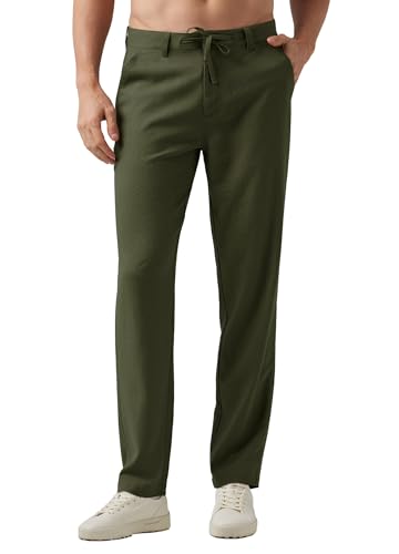 WILLIT Leinenhose Herren Lang Baumwolle Stoffhose Leicht Sommerhose Männer Freizeithose Jogginghose mit Taschen Kordelzug für Urlaub Yoga Strand Alltag Armeegrün 31Wx32L von WILLIT