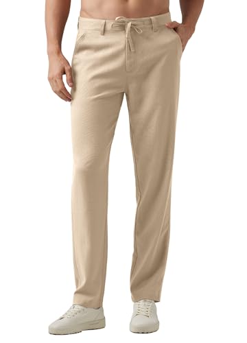 WILLIT Leinenhose Herren Lang Baumwolle Stoffhose Leicht Sommerhose Männer Freizeithose Jogginghose mit Taschen Kordelzug für Urlaub Yoga Strand Alltag Khaki 32Wx32L von WILLIT