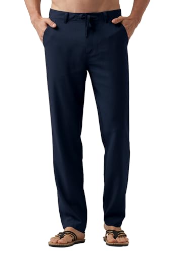 WILLIT Leinenhose Herren Lang Baumwolle Stoffhose Leicht Sommerhose Männer Freizeithose Jogginghose mit Taschen Kordelzug für Urlaub Yoga Strand Alltag Marineblau 35Wx32L von WILLIT