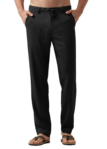 WILLIT Leinenhose Herren Lang Baumwolle Stoffhose Leicht Sommerhose Männer Freizeithose Jogginghose mit Taschen Kordelzug für Urlaub Yoga Strand Alltag Schwarz 35Wx32L von WILLIT
