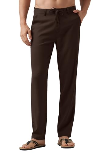 WILLIT Leinenhose Herren Lang Baumwolle Stoffhose Leicht Sommerhose Männer Freizeithose Jogginghose mit Taschen Kordelzug für Urlaub Yoga Strand Alltag Dunkelbraun 32Wx32L von WILLIT