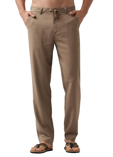 WILLIT Leinenhose Herren Lang Baumwolle Stoffhose Leicht Sommerhose Männer Freizeithose Jogginghose mit Taschen Kordelzug für Urlaub Yoga Strand Alltag Dunkelkhaki 40Wx30L von WILLIT