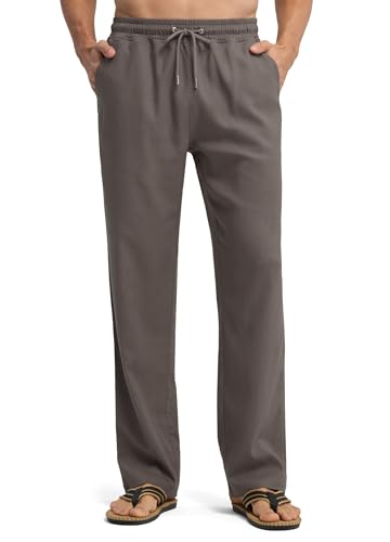WILLIT Leinenhose Herren Lang Baumwolle Yogahose Leicht Sommerhose Stoffhose Männer Freizeithose Jogginghose mit Taschen für Yoga Alltag Urlaub Strand 28“ Grau XL von WILLIT