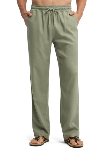 WILLIT Leinenhose Herren Lang Baumwolle Yogahose Leicht Sommerhose Stoffhose Männer Freizeithose Jogginghose mit Taschen für Yoga Alltag Urlaub Strand 28“ Graugrün M von WILLIT