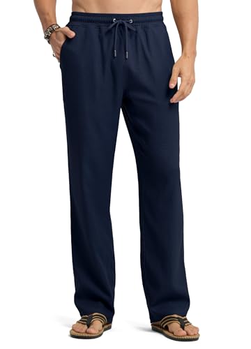 WILLIT Leinenhose Herren Lang Baumwolle Yogahose Leicht Sommerhose Stoffhose Männer Freizeithose Jogginghose mit Taschen für Yoga Alltag Urlaub Strand 28“ Navy M von WILLIT