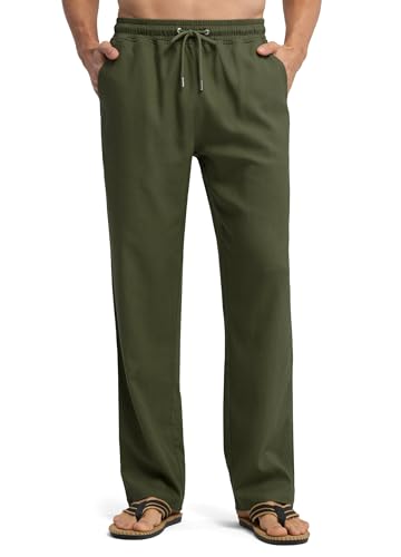 WILLIT Leinenhose Herren Lang Baumwolle Yogahose Leicht Sommerhose Stoffhose Männer Freizeithose Jogginghose mit Taschen für Yoga Alltag Urlaub Strand 30“ Armeegrün 3XL von WILLIT