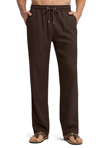 WILLIT Leinenhose Herren Lang Baumwolle Yogahose Leicht Sommerhose Stoffhose Männer Freizeithose Jogginghose mit Taschen für Yoga Alltag Urlaub Strand 30“ Dunkelbraun XXL von WILLIT