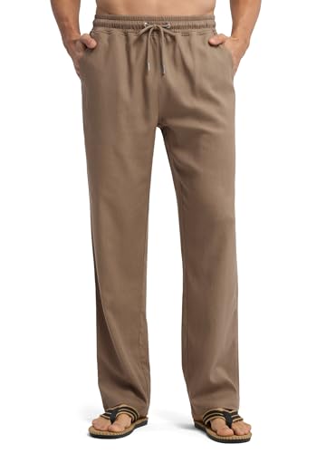 WILLIT Leinenhose Herren Lang Baumwolle Yogahose Leicht Sommerhose Stoffhose Männer Freizeithose Jogginghose mit Taschen für Yoga Alltag Urlaub Strand 30“ Dunkelkhaki XS von WILLIT
