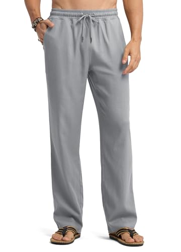 WILLIT Leinenhose Herren Lang Baumwolle Yogahose Leicht Sommerhose Stoffhose Männer Freizeithose Jogginghose mit Taschen für Yoga Alltag Urlaub Strand 30“ Hellgrau XS von WILLIT