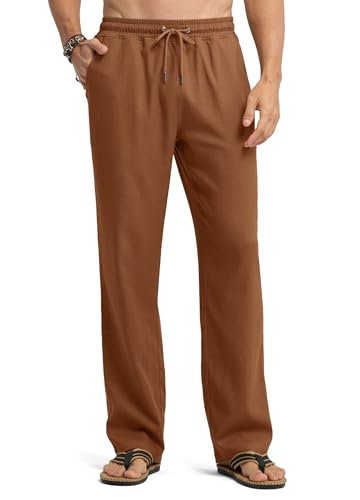 WILLIT Leinenhose Herren Lang Baumwolle Yogahose Leicht Sommerhose Stoffhose Männer Freizeithose Jogginghose mit Taschen für Yoga Alltag Urlaub Strand 30“ Karamell L von WILLIT
