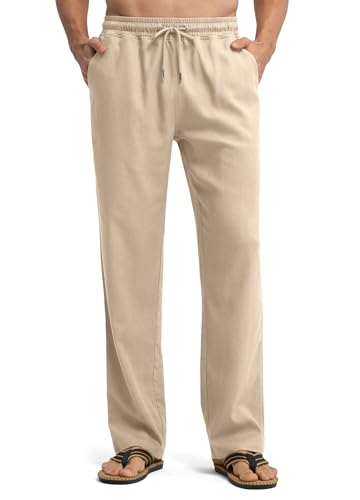 WILLIT Leinenhose Herren Lang Baumwolle Yogahose Leicht Sommerhose Stoffhose Männer Freizeithose Jogginghose mit Taschen für Yoga Alltag Urlaub Strand 30“ Khaki XXL von WILLIT