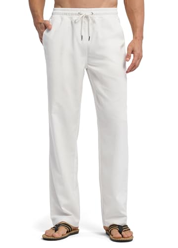 WILLIT Leinenhose Herren Lang Baumwolle Yogahose Leicht Sommerhose Stoffhose Männer Freizeithose Jogginghose mit Taschen für Yoga Alltag Urlaub Strand 30“ Weiß XS von WILLIT
