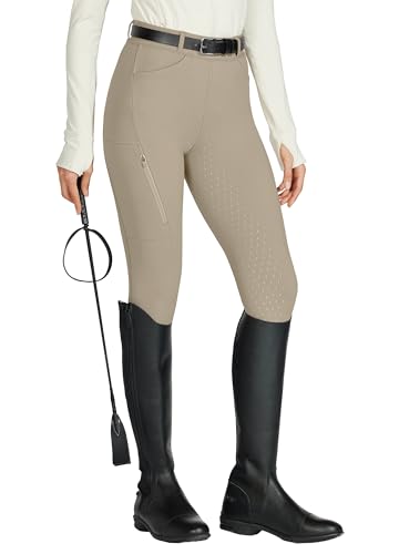 WILLIT Reitleggings Damen Reithose Silikon Vollbesatz High Waist Stretch Reithose mit Reißverschlusstasche Gürtelschlaufen Khaki XS von WILLIT