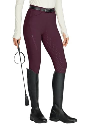 WILLIT Reitleggings Damen Reithose Silikon Vollbesatz High Waist Stretch Reithose mit Reißverschlusstasche Gürtelschlaufen Weinrot XXL von WILLIT