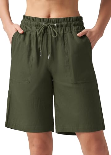 WILLIT Shorts Damen Leinen Baumwolle Shorts Freizeit Bermuda Kurze Hose knielange High Waist Bequeme Sommershorts mit Taschen 10“ Armeegrün XS von WILLIT