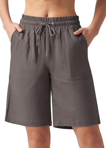 WILLIT Shorts Damen Leinen Baumwolle Shorts Freizeit Bermuda Kurze Hose knielange High Waist Bequeme Sommershorts mit Taschen 10“ Grau M von WILLIT