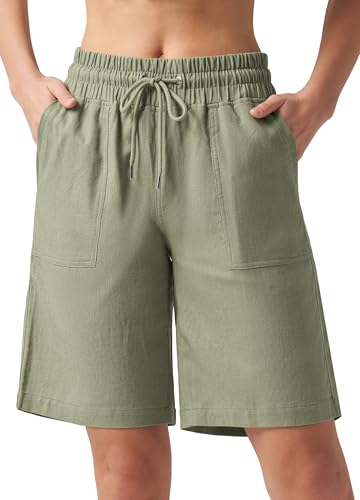 WILLIT Shorts Damen Leinen Baumwolle Shorts Freizeit Bermuda Kurze Hose knielange High Waist Bequeme Sommershorts mit Taschen 10“ Graugrün XS von WILLIT