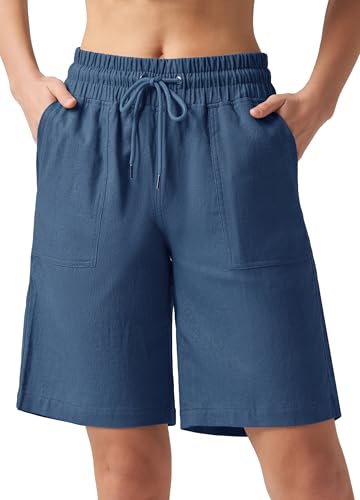 WILLIT Shorts Damen Leinen Baumwolle Shorts Freizeit Bermuda Kurze Hose knielange High Waist Bequeme Sommershorts mit Taschen 10“ Jeansblau M von WILLIT