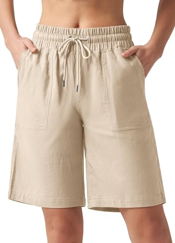 WILLIT Shorts Damen Leinen Baumwolle Shorts Freizeit Bermuda Kurze Hose knielange High Waist Bequeme Sommershorts mit Taschen 10“ Khaki XS von WILLIT