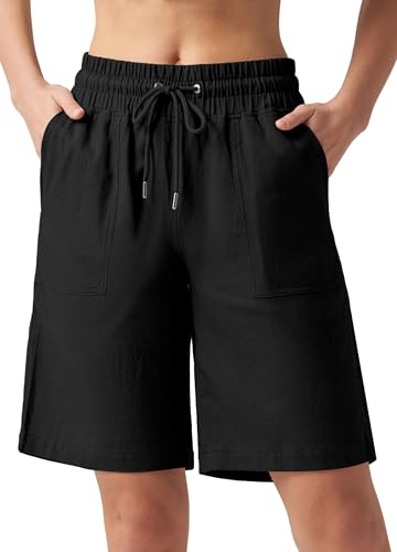 WILLIT Shorts Damen Leinen Baumwolle Shorts Freizeit Bermuda Kurze Hose knielange High Waist Bequeme Sommershorts mit Taschen 10“ Schwarz L von WILLIT