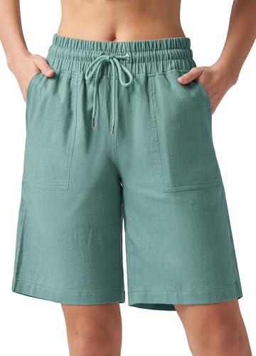 WILLIT Shorts Damen Leinen Baumwolle Shorts Freizeit Bermuda Kurze Hose knielange High Waist Bequeme Sommershorts mit Taschen 10“ Seegrün M von WILLIT