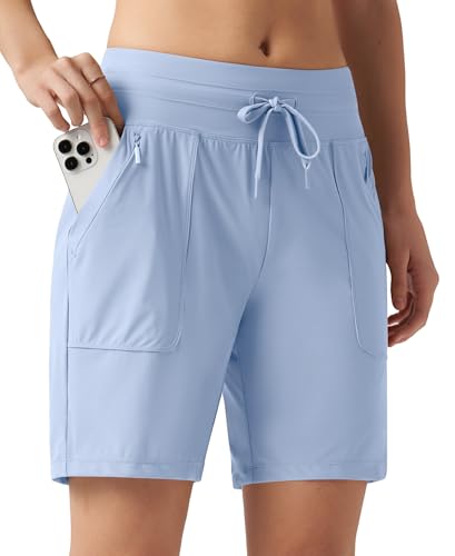 WILLIT Sporthose Damen Laufhose Kurz Sommer Shorts High Waist Laufshorts Schnelltrockene Wanderhose Workout Fitness Sport Running mit Taschen Hellblau XXL von WILLIT