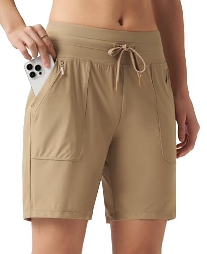 WILLIT Sporthose Damen Laufhose Kurz Sommer Shorts High Waist Laufshorts Schnelltrockene Wanderhose Workout Fitness Sport Running mit Taschen Khaki M von WILLIT