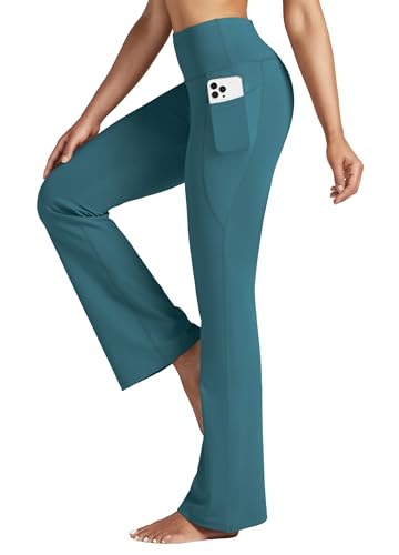 WILLIT Yogahose Damen Flare Leggings Sporthose Bauchkontrolle Jogginghose Bootcut High Waist Schlaghose Arbeitshose Stretch mit Taschen 29 Zoll Grün XXL von WILLIT