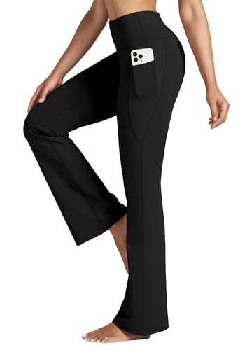 WILLIT Yogahose Damen Flare Leggings Sporthose Bauchkontrolle Jogginghose Bootcut High Waist Schlaghose Arbeitshose Stretch mit Taschen 29 Zoll Schwarz XXL von WILLIT