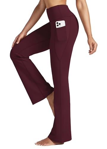WILLIT Yogahose Damen Flare Leggings Sporthose Bauchkontrolle Jogginghose Bootcut High Waist Schlaghose Arbeitshose Stretch mit Taschen 29 Zoll Weinrot XXL von WILLIT
