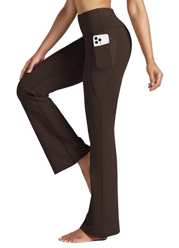 WILLIT Yogahose Damen Flare Leggings Sporthose Bauchkontrolle Jogginghose Bootcut High Waist Schlaghose Arbeitshose Stretch mit Taschen 31 Zoll Dunkelbraun L von WILLIT